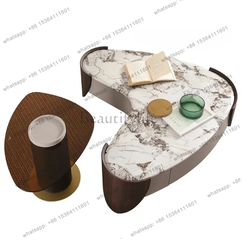 

Italian minimalist marble coffee table design special-shaped wood irregular size coffee table combination