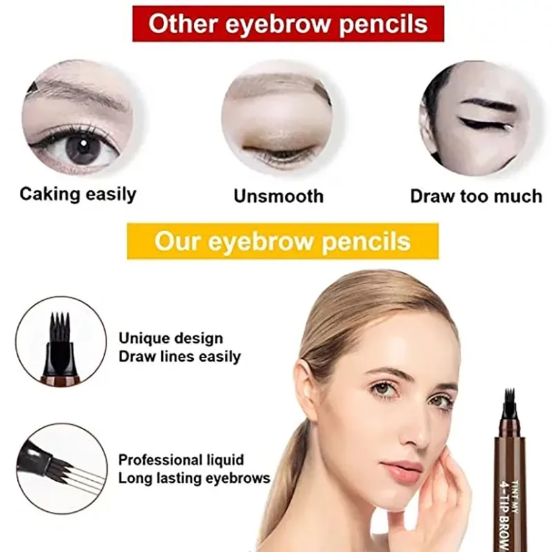 4 Splitted Head Eyebrow Pencil Long Last Smudge Proof Waterproof Sweat Proof High Pigmented Easy Applying Liquid Eyebrow Pencil