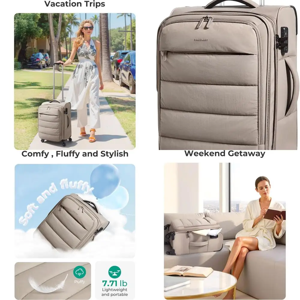 20 Lightweight Spinner Carry-On Suitcase, Airline Approved, PVC Pockets, Camel