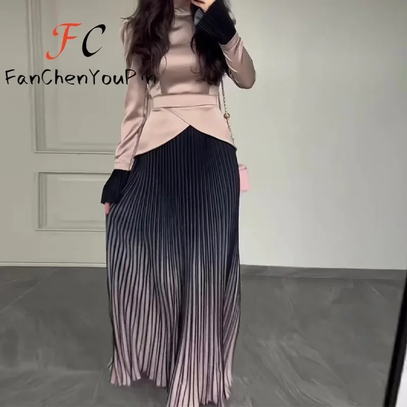 Autumn New Women\'s Dress Fashion Vintage Pleated Long Sleeve Vintage Skirt Office Lady Patchwork Slim Fit Elegant Party Dresses