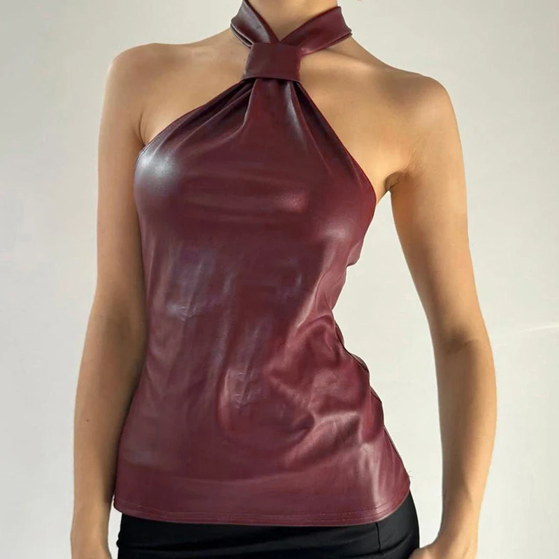 

Tornova PU Leather Halter Tanks Top Hot Girl Sexy Backless Lace Up Vest Summer Fashion Lady Slim Club Party Camis 2025 New Y2K