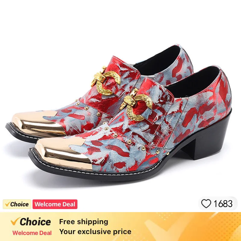 

Men's Red Printed High Heel Stage Shoes Fashion Pointed Toe Leather Dress Shoes for Performance, Party, Show or Special Events