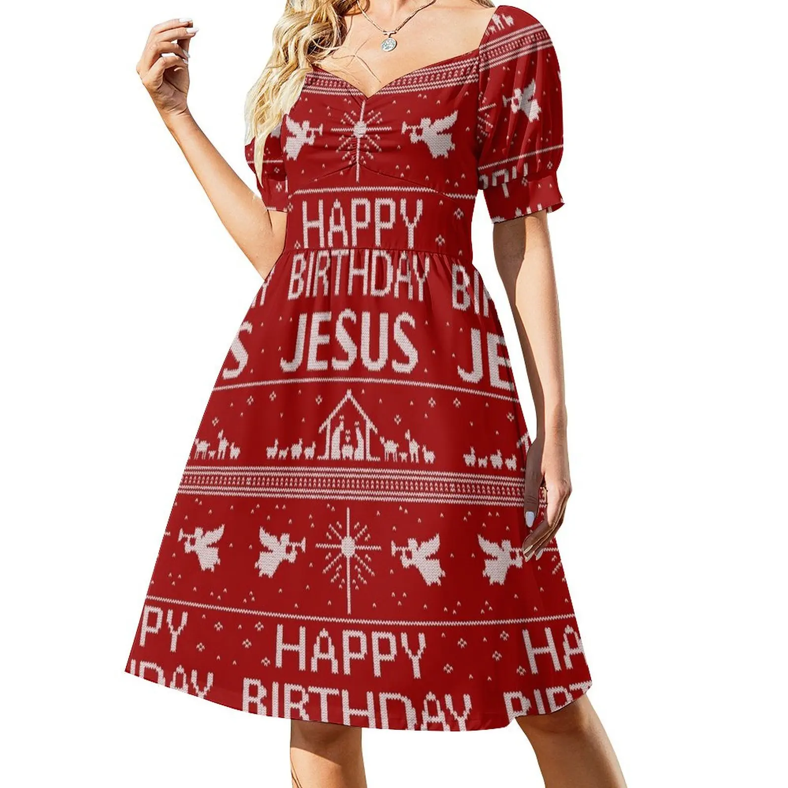 

Happy Birthday Jesus - Ugly Christmas Sweater - Scandinavian Knit Red White - Religious Christian Short Sleeved Dress