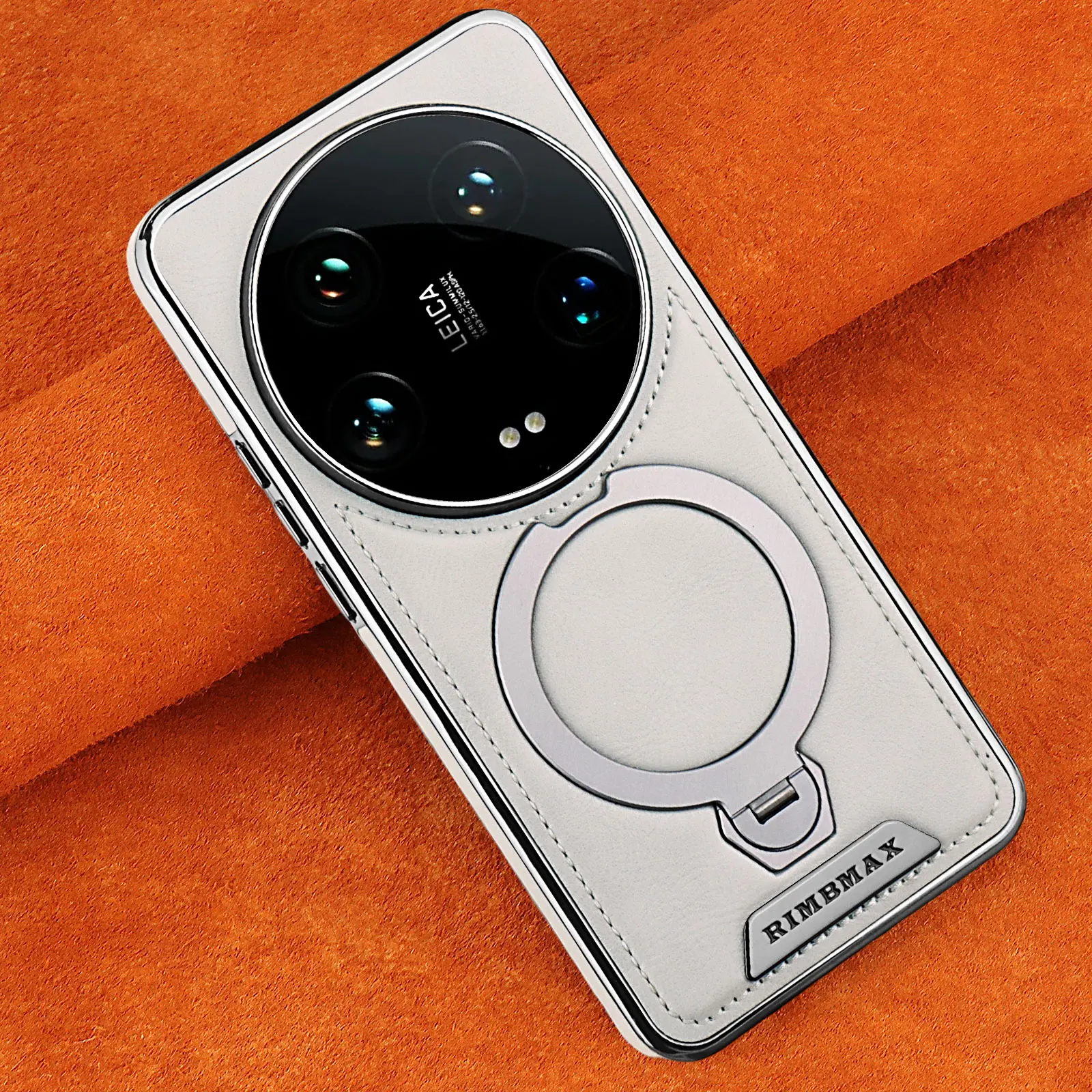 حافظة لهاتف Xiaomi 15 Ultra Magsafe من الجلد المنقوش بحافة مغطاة 360 درجة °   دوران قوس معدني غطاء مطلي بالكهرباء