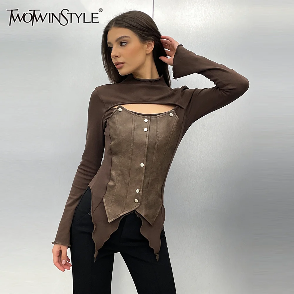

TWOTWINSTYLE Slimming Spliced Leather Fashion T Shirts for Women Stand Neck Long Sleeve Hollow Out Highstreet T Shirt Female New
