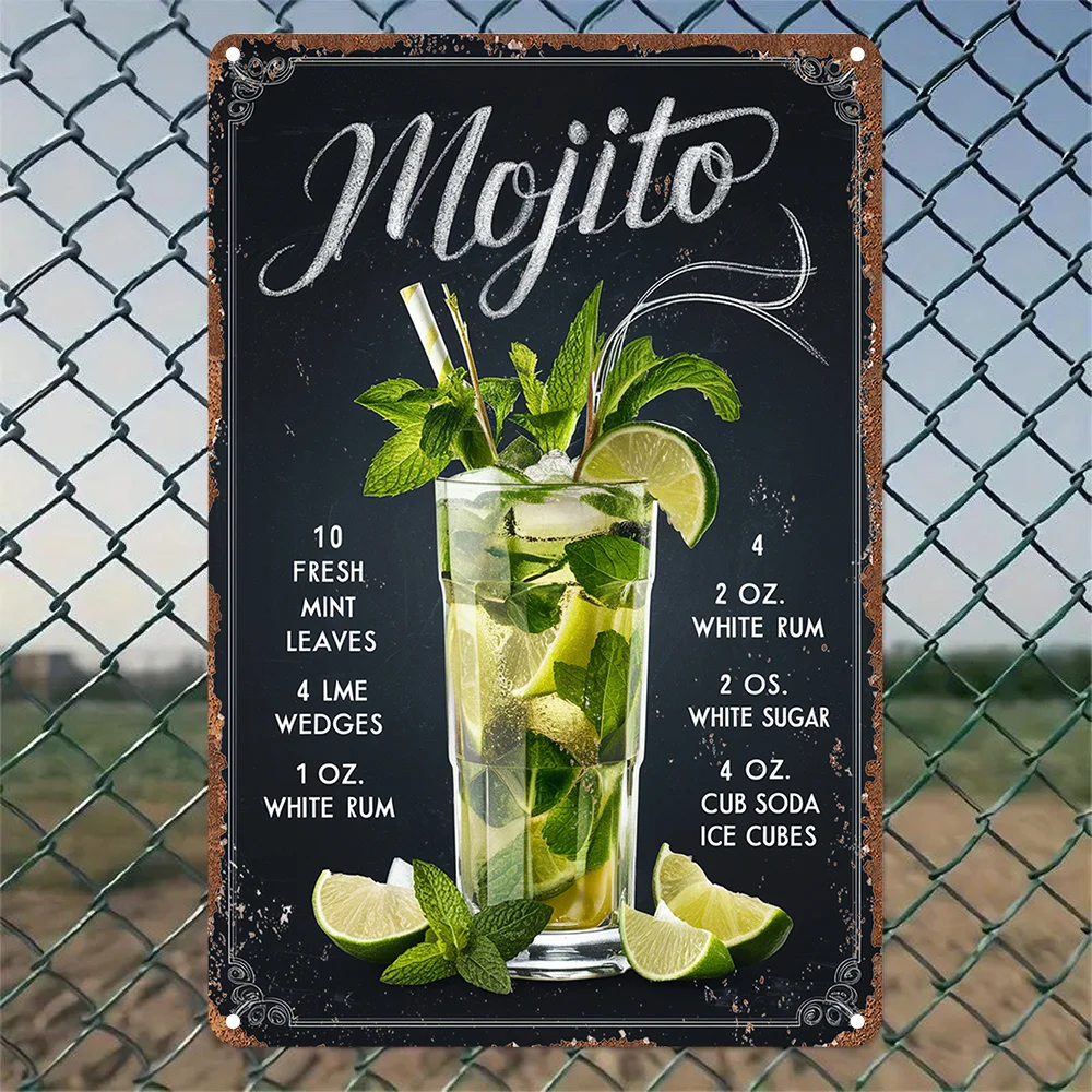 Letrero artístico de pared de aluminio con receta de mojito vintage, 20,32x30,48 cm, decoración de bar retro con hojas de menta fresca, ron blanco y jugo de lima