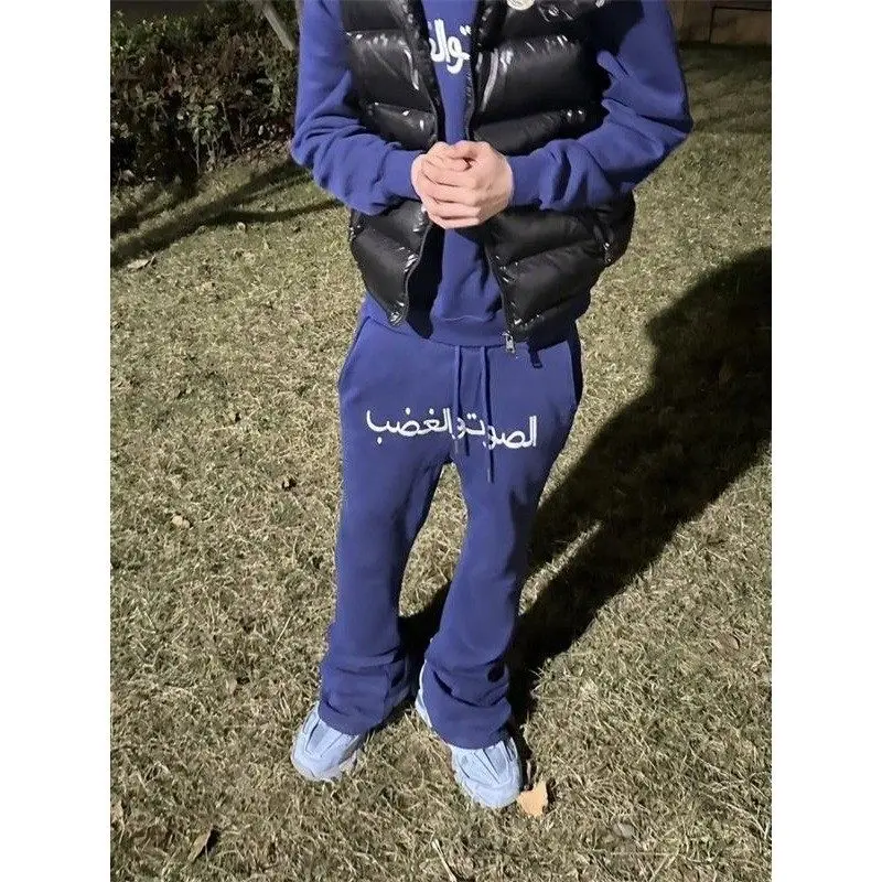 

Retro American Arabic Embroidery Fce Lined Bell Bot Sweatpants ex Four Season Slimming Sports Long Trousers