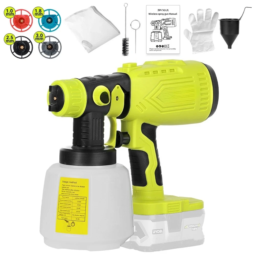Handheld Spray Gun (No Battery) 200W Cordless HVLP Paint Sprayer for Ryobi 18V ONE+, 4 Nozzles, 3 Patterns, 1000ML Container
