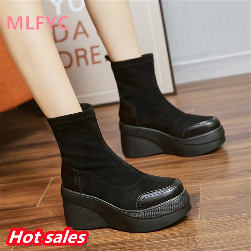 

Autumn and Winter New Women's Boots Net Red Elastic Boots Matsutake Thick Sole Short Boots with Elevated Inner Height