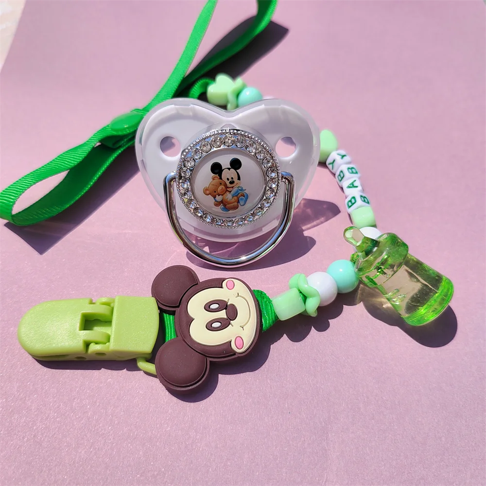 [ Clip and Lollipop] Mickey Minnie Mouse Newborns Handmade Green Pacifier Clips with Name Unique Baby Shower Gift Babi Soother