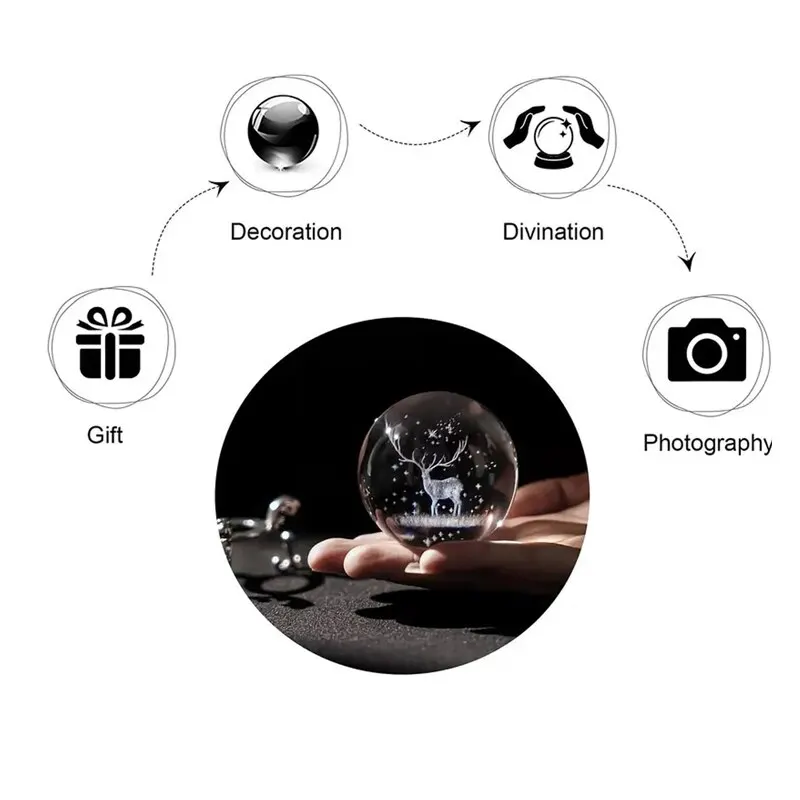 1Pc 2.4 inch (60mm) 3D Laser Engraved Christmas Deer Crystal Ball with Silver Plated Trellis Home Art Decoration Christmas Gifts