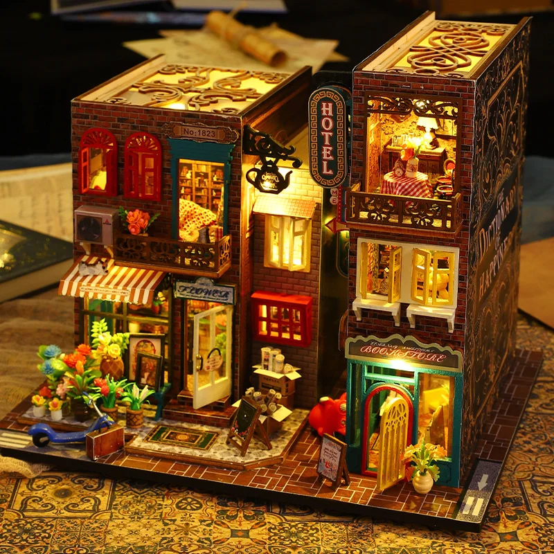 DIY Wooden Scarbrough Hotel Book Nook Doll Houses Miniature Building Model Kits With Furniture Led Toys For Adults Birthday Gift