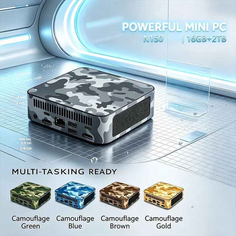 New Camouflage Intel N150 Mini PC 16GB+2TB High Speed Combo Dual HDMI 4K Gigabit Windows 11 Portable Desktop for Office