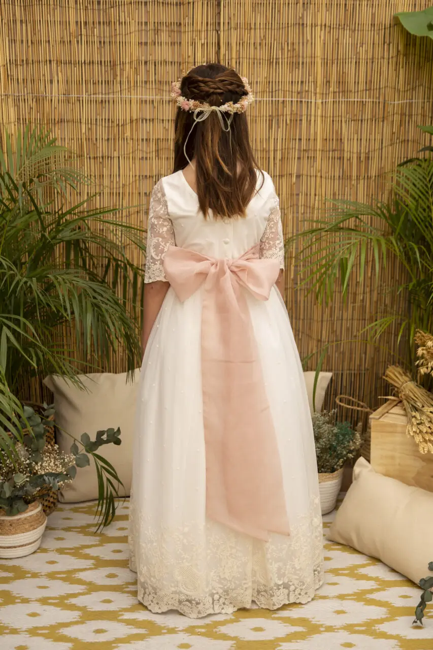 Vestido largo Vintage de media manga para primera comunión, Vestido de encaje de marfil para niña de las flores, faja de tul con lazo, fiesta de boda para niño y cumpleaños