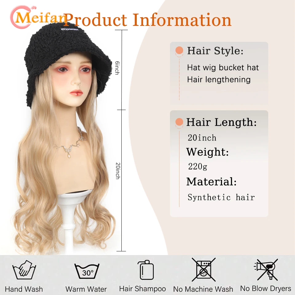 Fisherman Hat Wig Synthetic Long Wavy Curly Hairpiece With Winter Warm Velvet Bucket Hats Hair extension Natural Hair Daily Wear