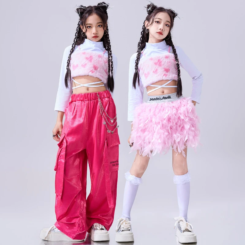 Girls Jazz Dance Clothing Kids Kpop Stage Outfit Hip Hop Casual Dance Suit Fashion White Tops Pink Fluffy Skirt Loose Pants 1200