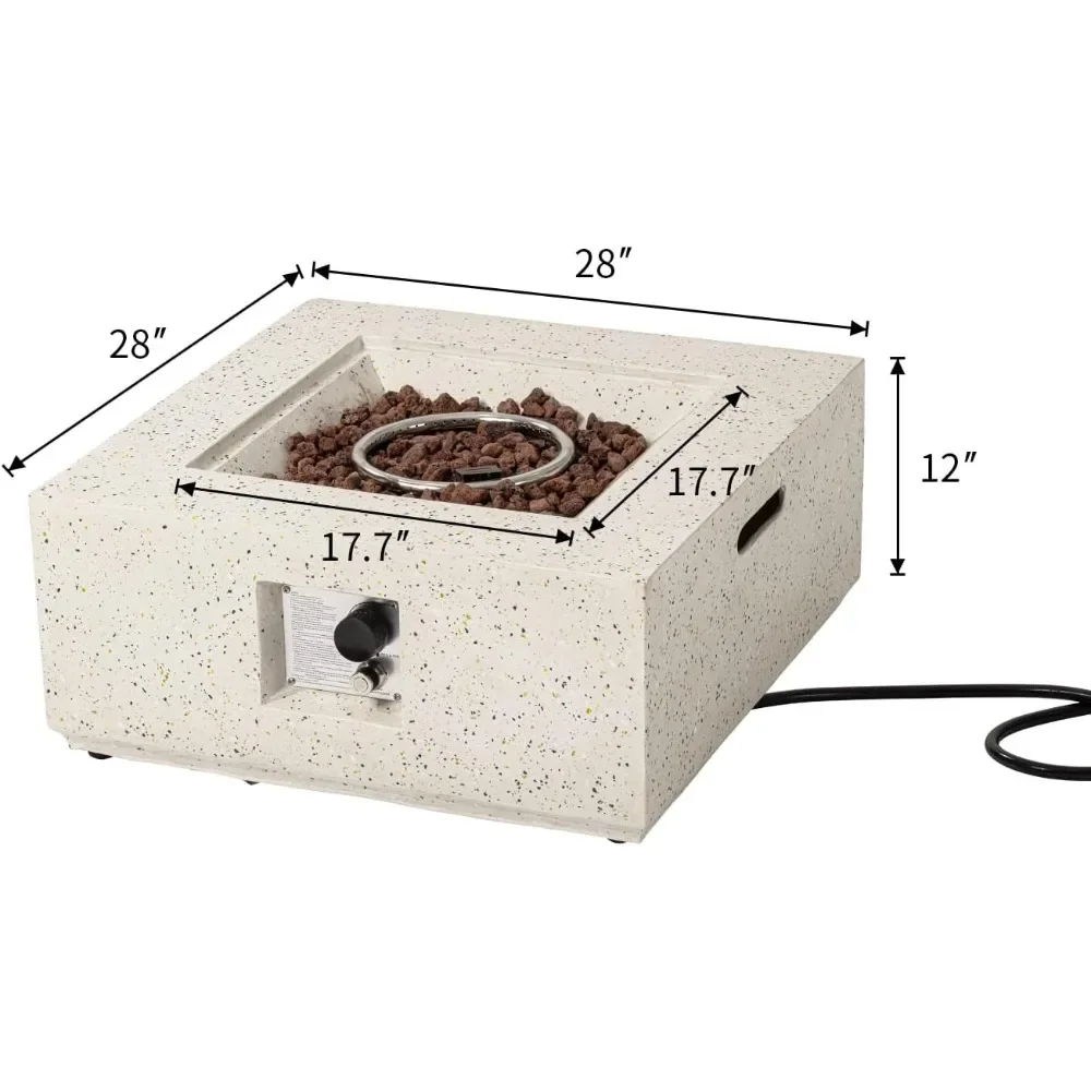 Outdoor Propane Fire Pit Coffee Table, 28-inch Terrazzo Square Base Patio Heater w 40,000 BTU Stainless Steel Burner