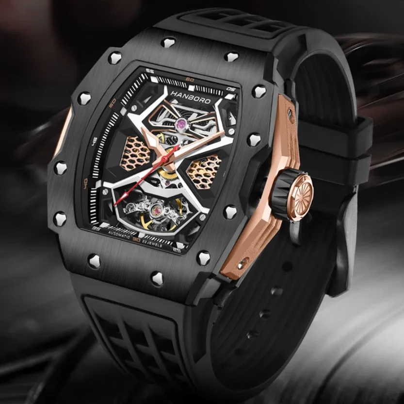 

HANBORO Мужские автоматические часы 43 мм Механические наручные часы Светящийся скелетонизированный циферблат Корпус Tonneau 50 м Водонепроницаемый резиновый ремешок