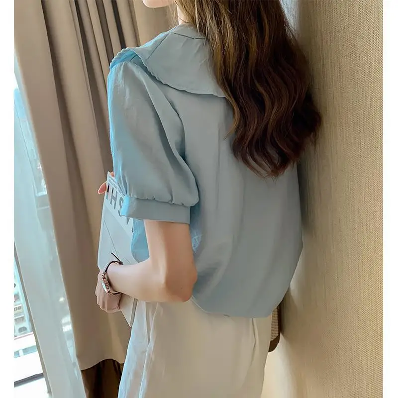 Women Summer Elegant Irregular Button Ruffled V Neck Short Sleeve Blouses Lady Solid Loose Shirt Female Sweet Chiffon Top Korean