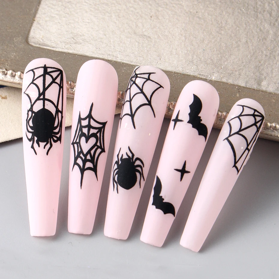 2 or 4pcs Halloween Nail Art Stickers Heart Spider Webs Designs Bat Moon Star Sliders Self-Adhesive Decals For Festive Manicure