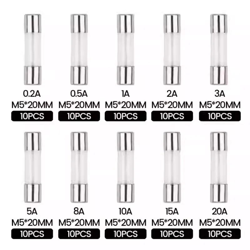 100Pcs 5x20mm Glass Fuse Assortment Kit 0.2A-20A, Ideal for Repair Technicians, Electronic Projects and Equipment Overload Prote