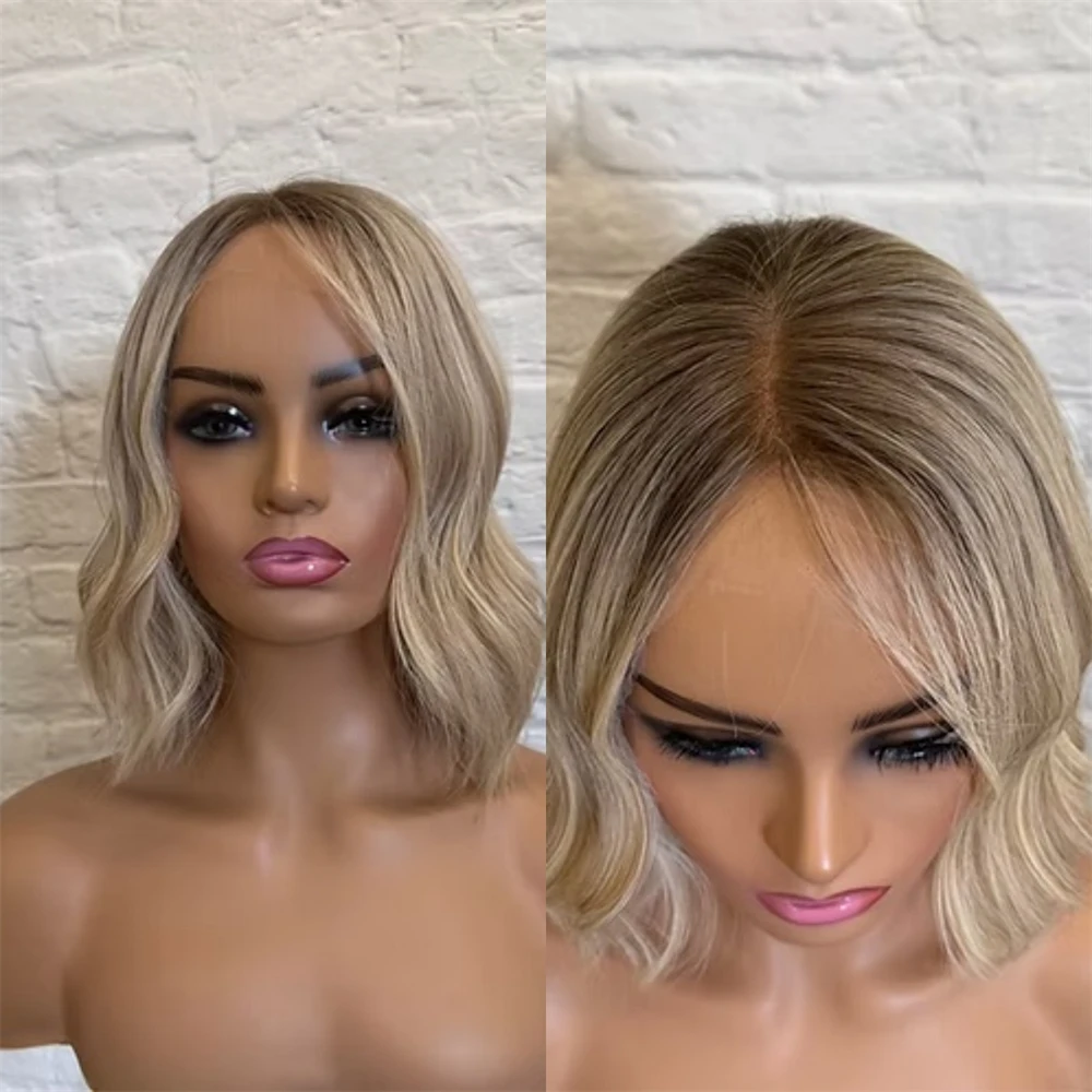10 Inches Short Wave Bob 13x4 Ombre Ash Blonde Synthetic HD Lace Front Wig Heat Resistant Fiber Wigs Realistic Look Hairline