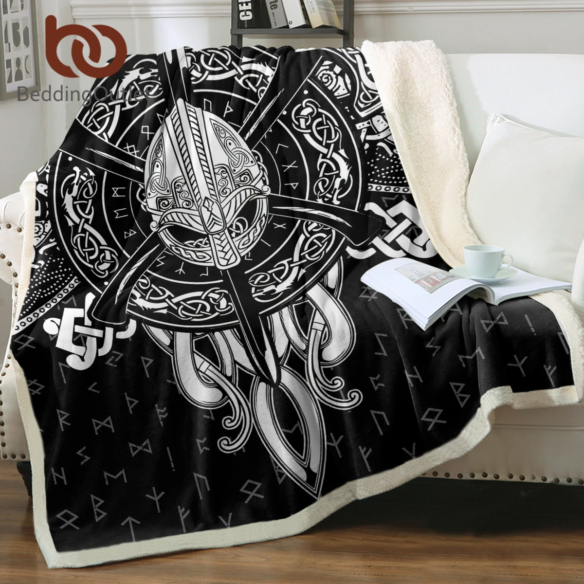 BeddingOutlet Retro Vikings White Symbols Sherpa Fleece Blanket The Eye Of Viking Odin Sofa Couch Bedspread Decor Polyester Gift