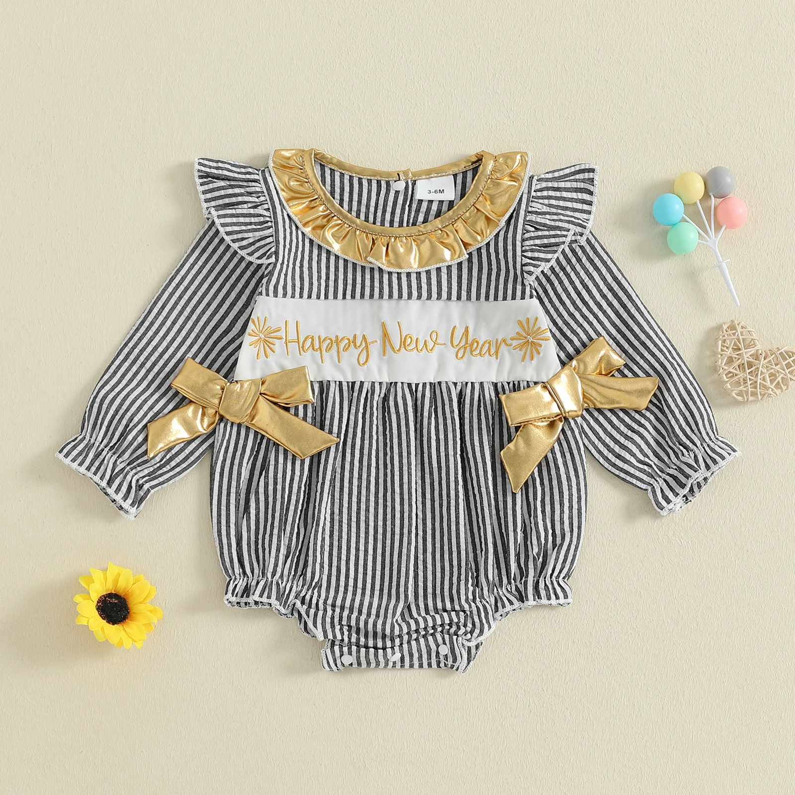 Newborn Infant Baby Girls New Year Romper Stripe Print Letter Embroidery Long Sleeve Ruffled Round Neck Jumpsuit