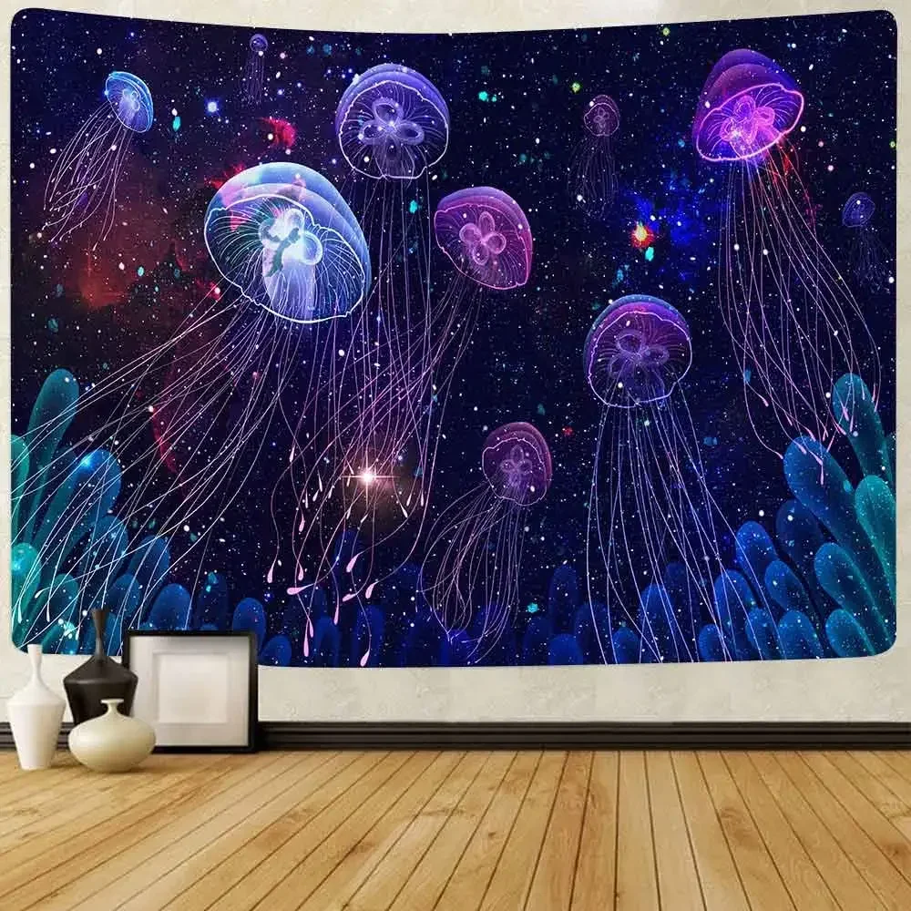 Fantasy Jellyfish Tapestry Universe Colorful Marine Life Tapestry Blue Purple Galaxy Space Tapestries Bedroom Dorm Living Room