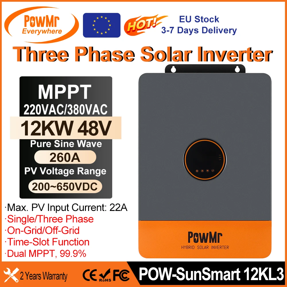 

PowMr 12KW 48V Hybrid Solar Inverter 220V 380V Output Dual MPPT 260A PV 800V Support Single Three-Phase Time-Solting Function