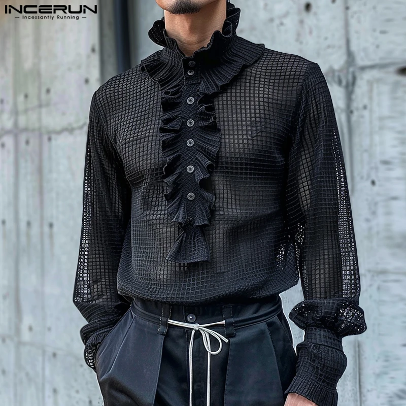 Men French Design Long Sleeve Shirts INCERUN Elegant Vintage Style Solid Color Tops Ruffles Edged Stand Collar Well Fitting Tees