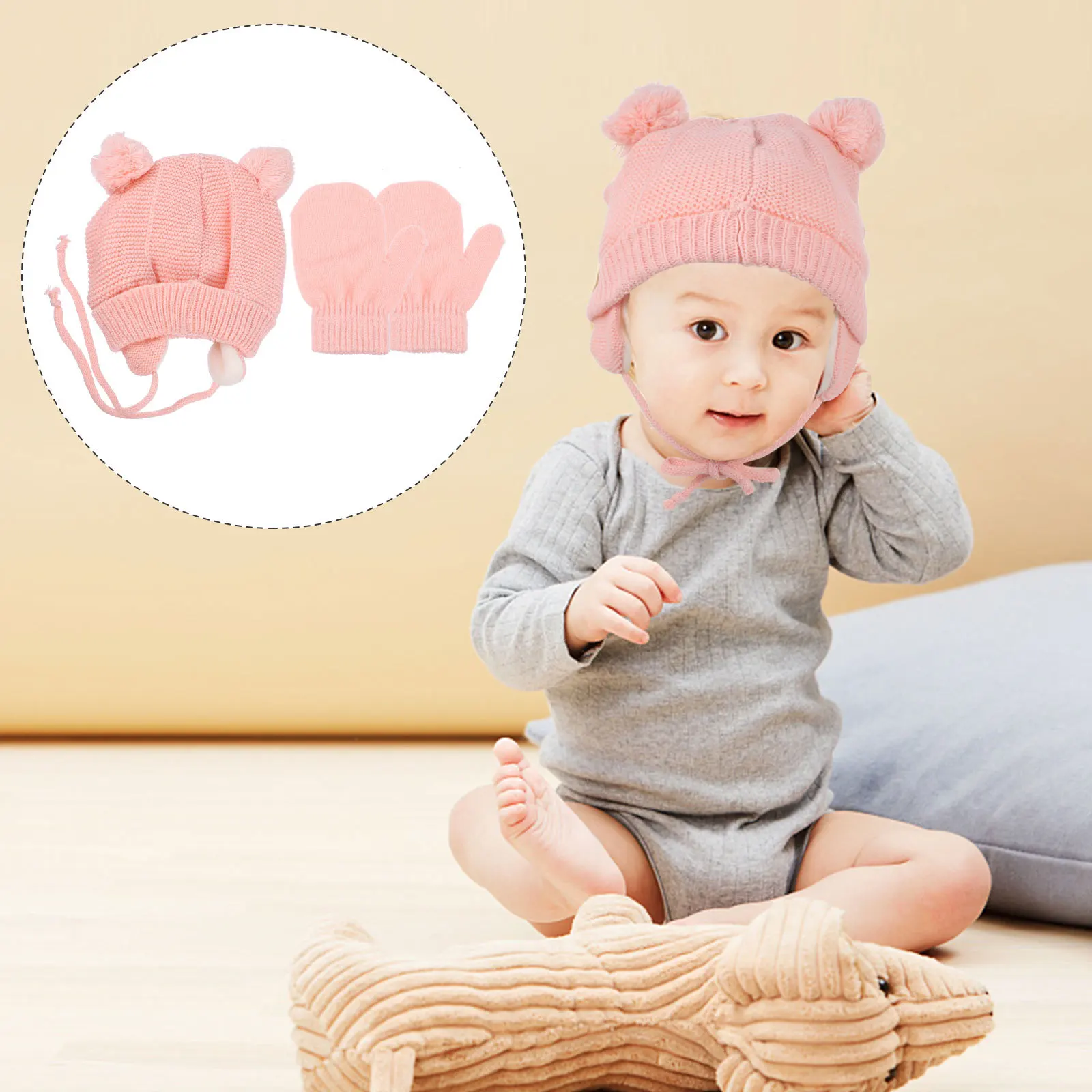 1 conjunto de chapéu de inverno luvas conjunto bebê malha pompom orelha aba boné recém-nascido quente gorro crochê traje para o natal foto adereços