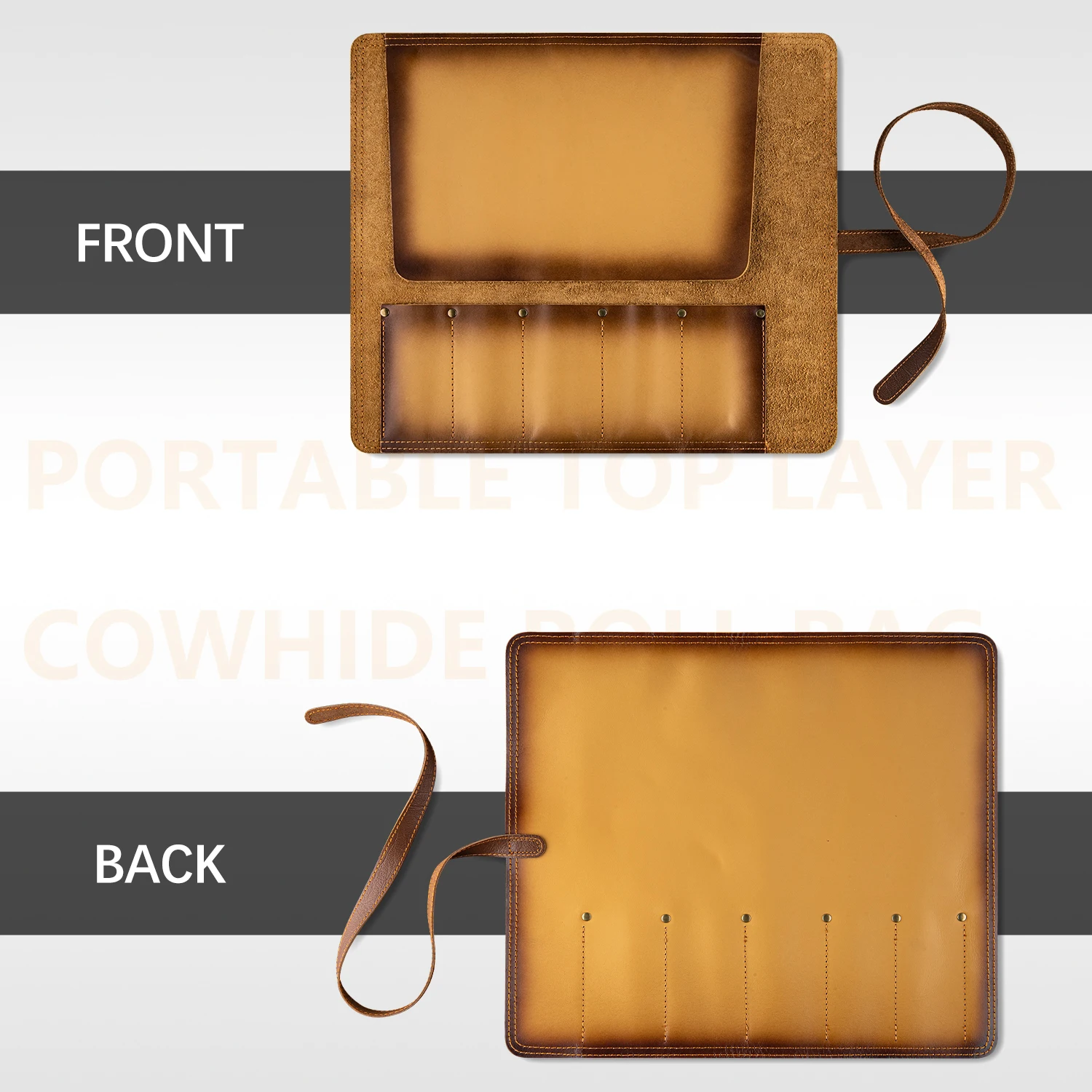 Grandsharp Deluxe Chef Knife Roll Bag Made With First Layer Cowhide Featuring 3 big slots + 2 small slot For Knife Protection