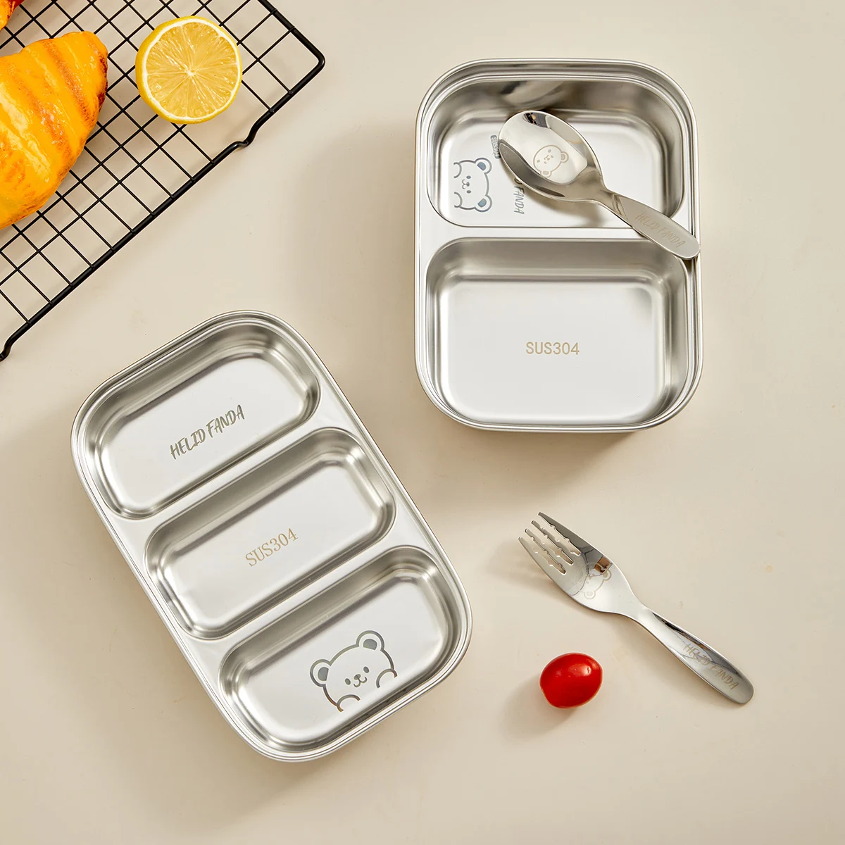 Plato de comida de acero inoxidable 304 con compartimento, plato de ensalada de frutas reutilizable portátil, platos de cena para niños, vajilla apta para lavavajillas