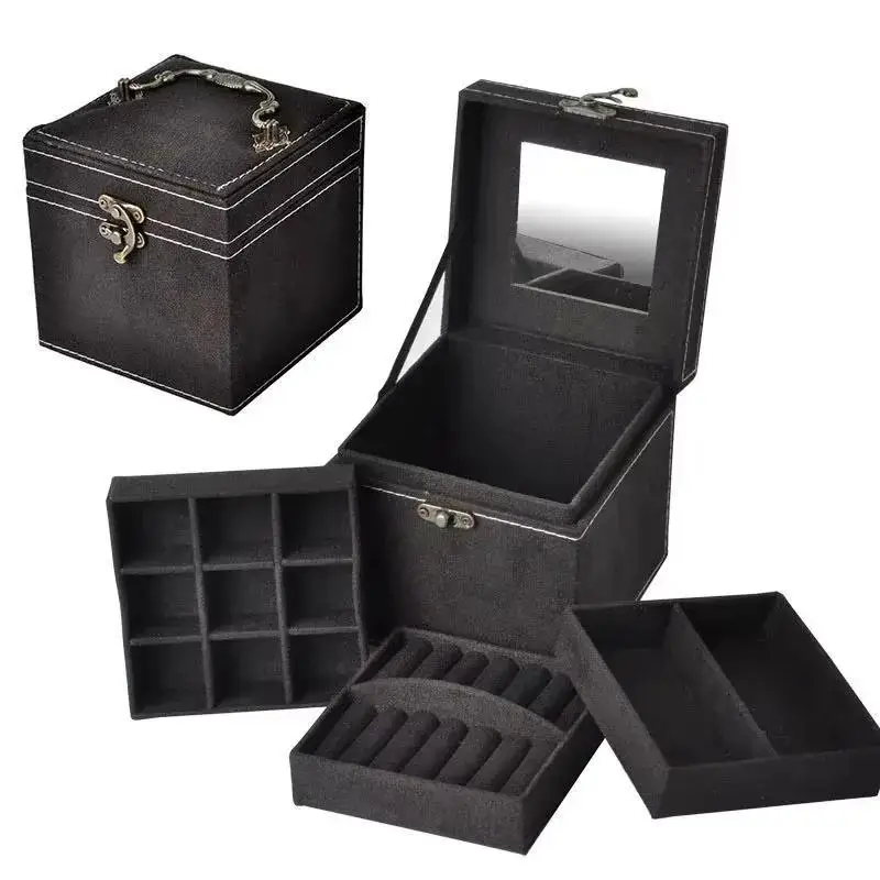 新しい多機能三層レザー引き出し式ジュエリーボックス、イヤリングロック付きジュエリーボックス、ネックレスリング収納ボックス