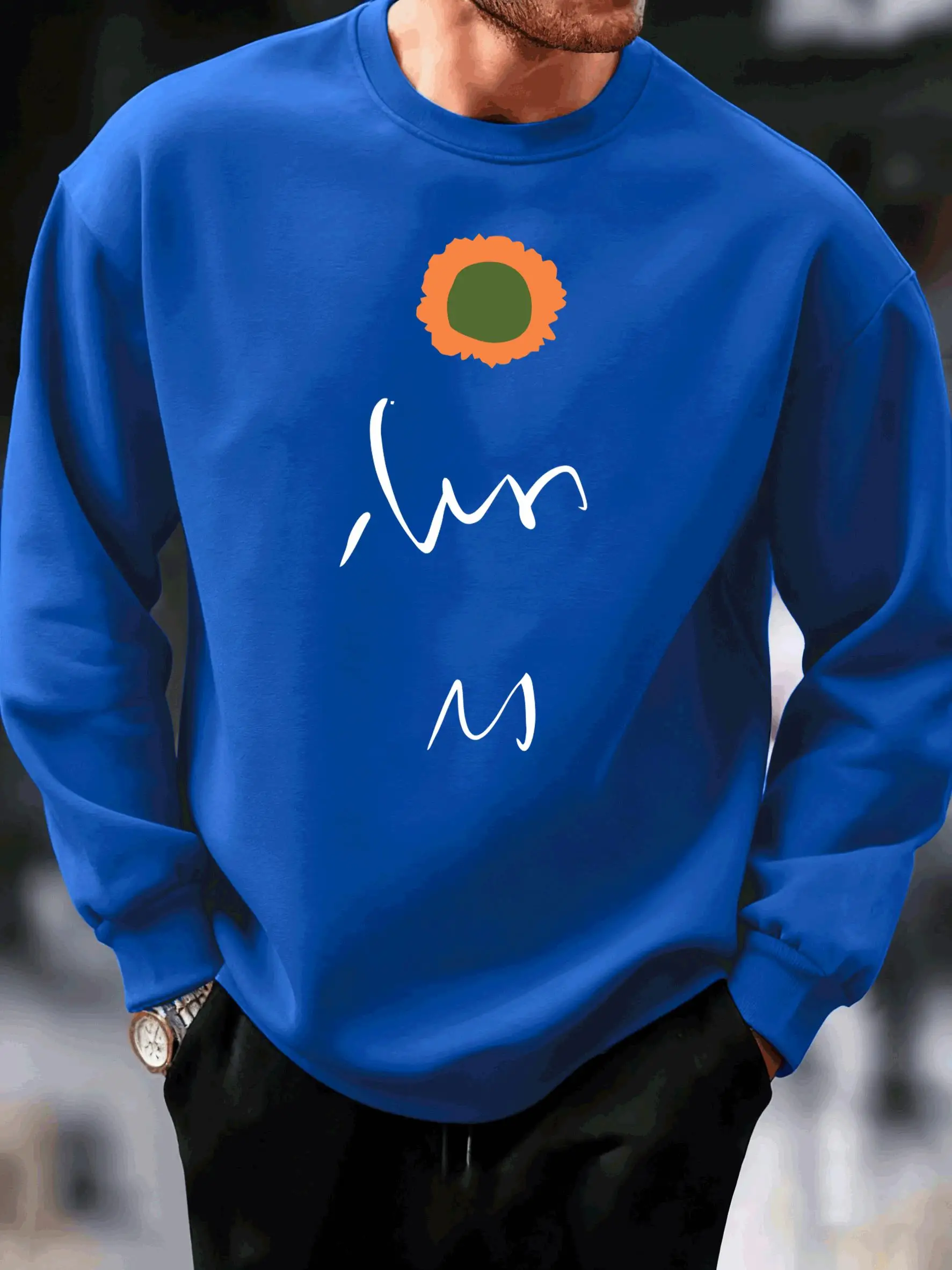 Sunflower Handwritten Script Printing Sweatshirt Men'S Y2K Running Pullovers Korean Casual Clothes Autumn Fleece Sportswear