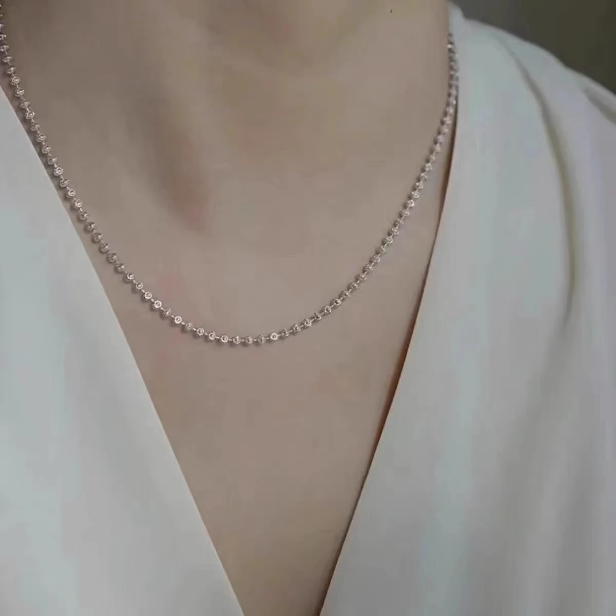 925 Sterling Silver 2mm Sparkling Diamond Chain Necklace for Women men 40cm - 60cm S925 Ball Beads Chain fit Pendant DIY Jewelry