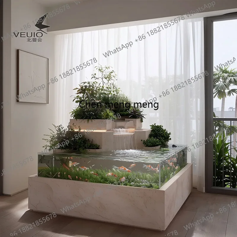 Modern company exhibition water feature flower box rectangular fish tank bottom cabinet natural stone high-end sense
