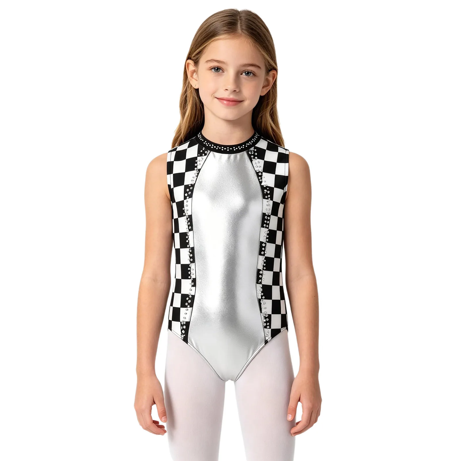 

Girls Sparkly Rhinestone Gymnastics Leotards Sleeveless Metallic Patchwork Ballet Dance Bodysuit for Training Competition
