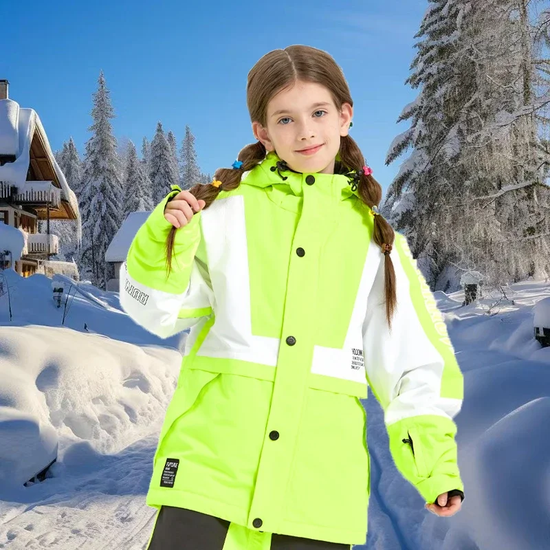 2025 New Girls Boys Winter Solid Snow Jackets Hooded Zipper Windproof Waterproof Children Ski Jackets Polyester Outdoor Kid Coat