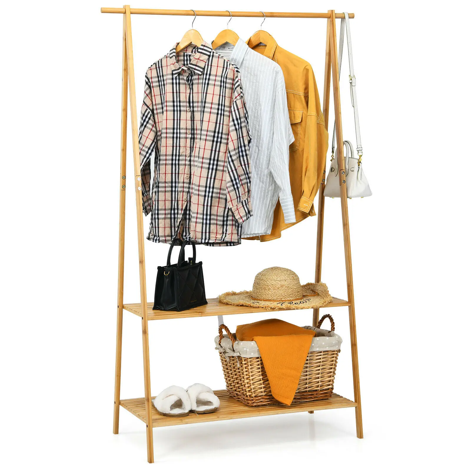 

Bamboo Garment Rack Clothes Hanging Rack w/2-Tier Storage Shelf Entryway Bedroom