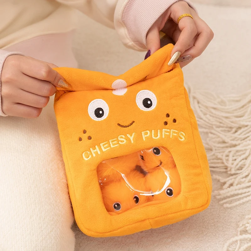 Cute Cheesy Puffs Snack Bag Plush Toy Orange Square With Pompom Snacks Inside And Kawaii Face Soft Cuddly Accent Creative