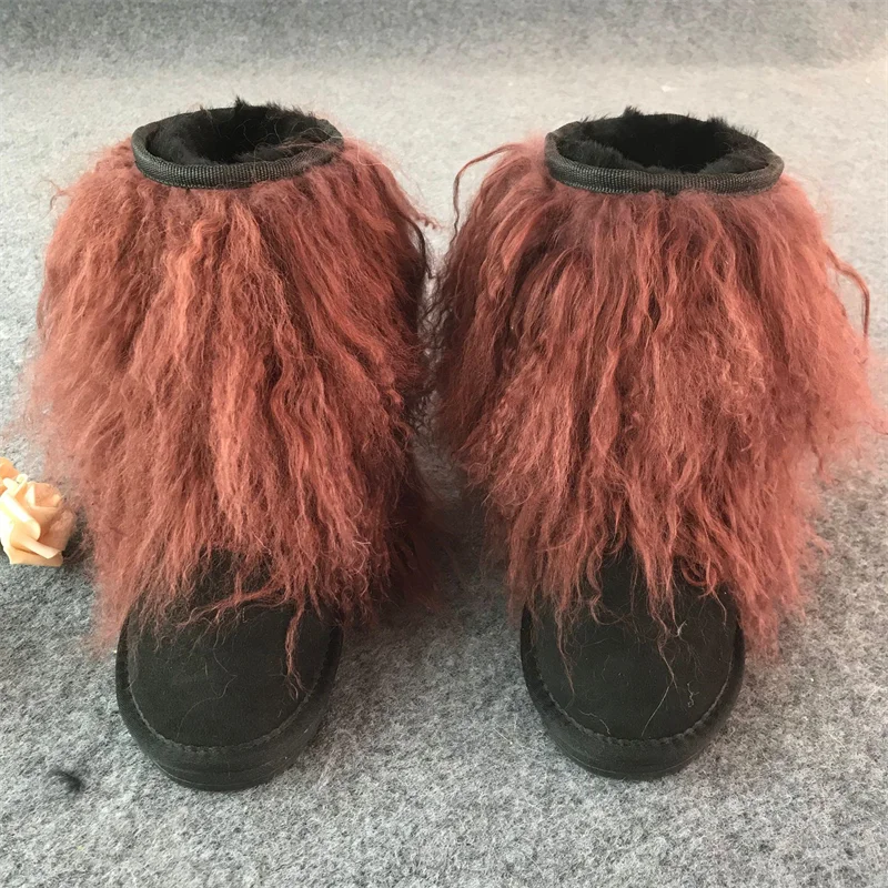 Women Winter Boots Curly Mongolian Fur Snow Boots Fluffy Warm Real Sheep Wool Boots Plush Fashion Boots Ladies Tibetan Fur Boot