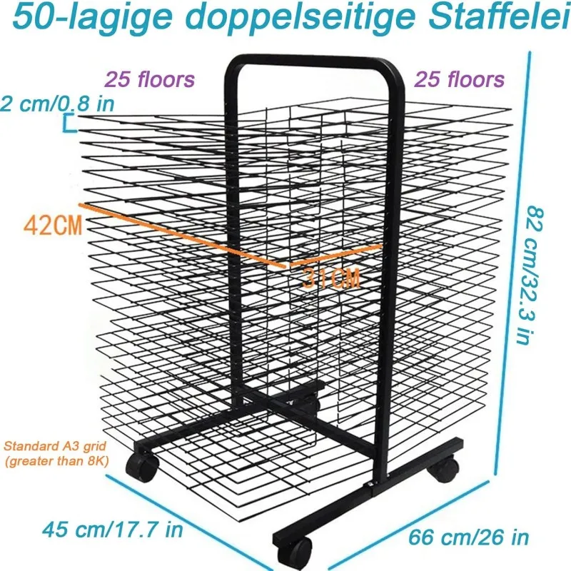 50 Floors Painting Drying Rack Double Sided Mobile Art Storage Organizer with Wheels Rolling Art Rack Cart for Art Studio