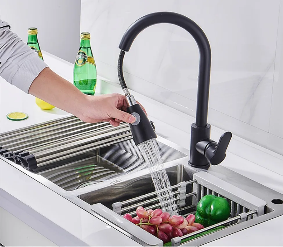 

Black Stainless Steel Main Kitchen 304 Faucet Hot and Cold Pull Washing Basin Sink Telescopic Rotating Boost Nozzle