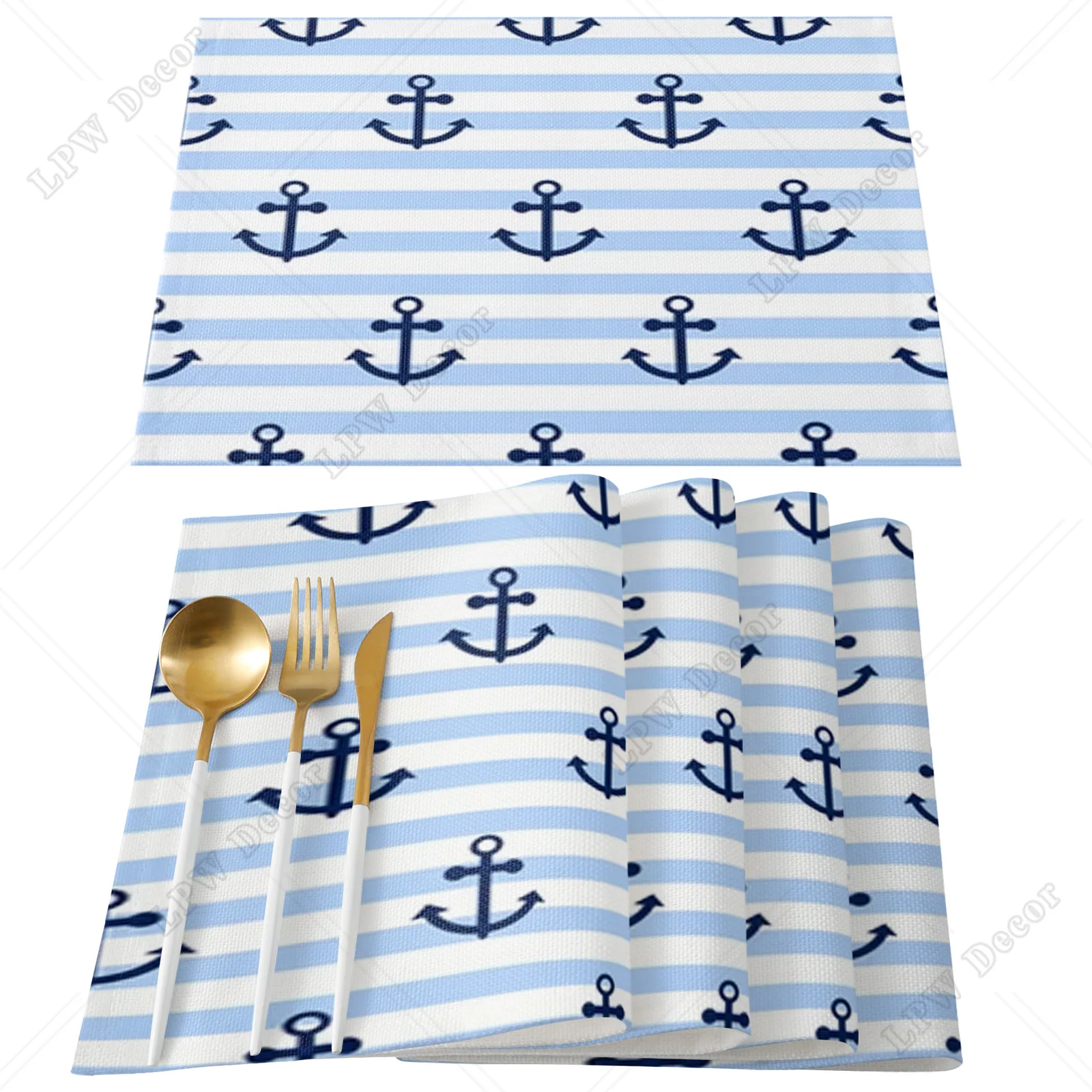 4/6 Pcs Placemat Nautical Anchor Blue Stripes Table Mat For Dining Table Kitchen Accessories Coffee Tea Coaster