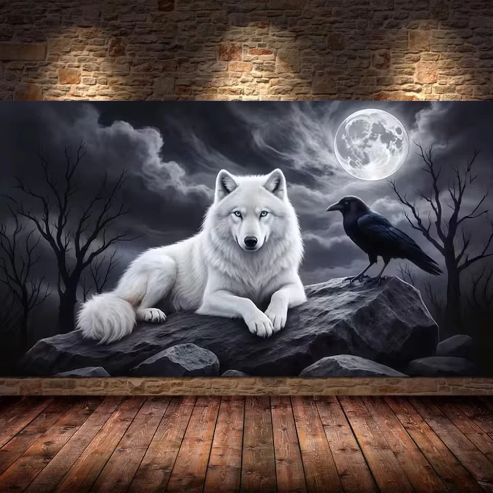 DIY Diamond Painting Large Size Art Moon Night White Wolf Crow Full Square Round Mosaic Diamond Embroidery Kits Cross Stitch