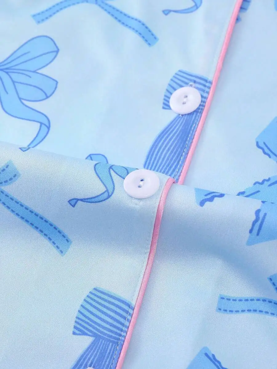 

Womens Bow Print Short Sleeve Button Up Pajama Set Light Blue Sleepwear