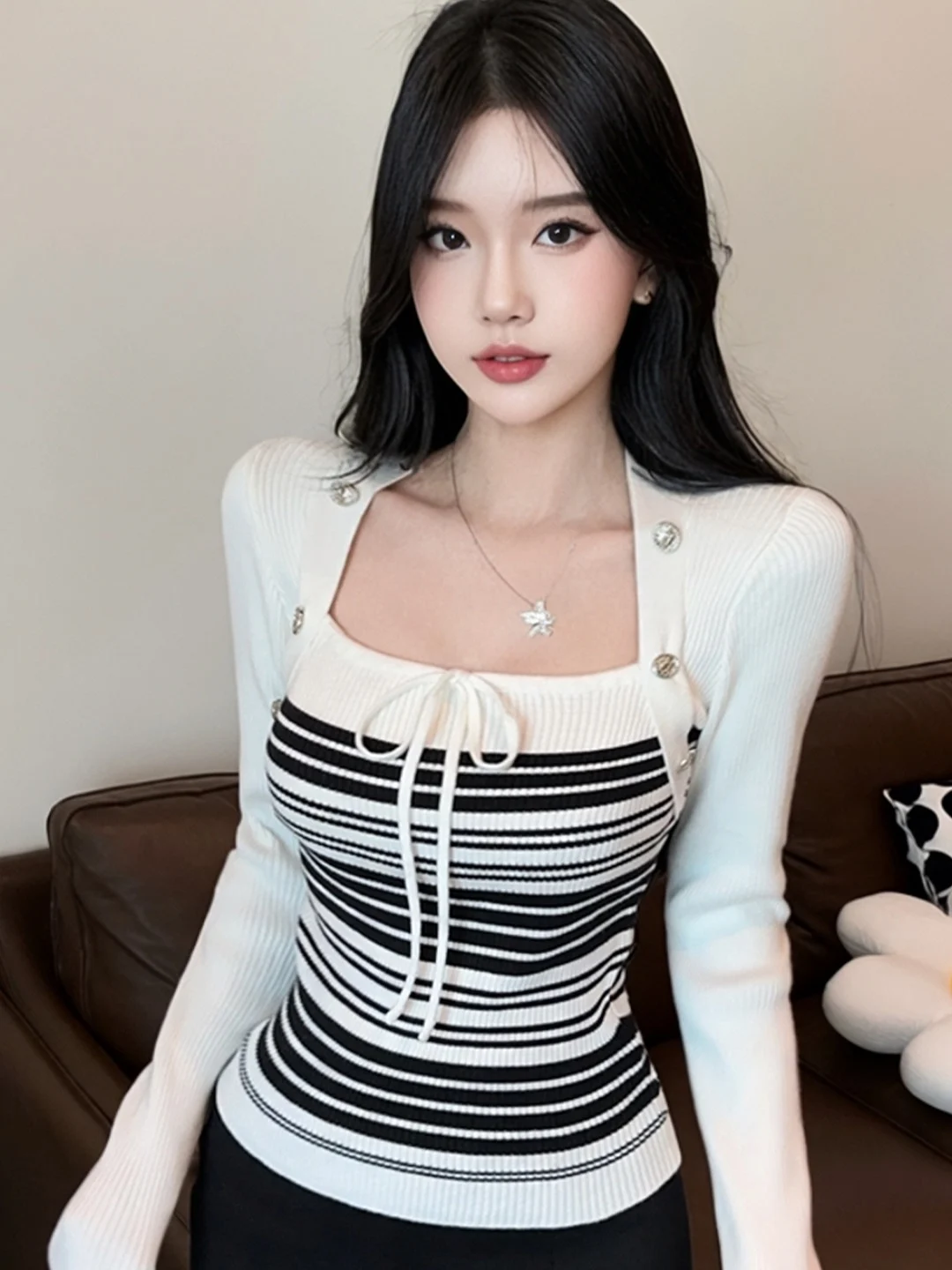 

Fashionable Korean Style Long Sleeve Striped Color Block Metal Button Base Shirt for Women Slim Fit Daily Wear Breathable Pol...