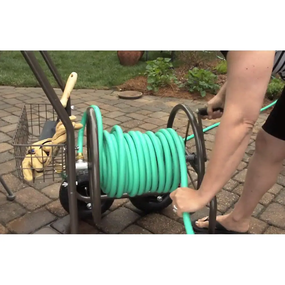 250ft Capacity Steel Frame Garden Hose Reel Cart Organizer Basket Brown Bronze Yard Helper Home